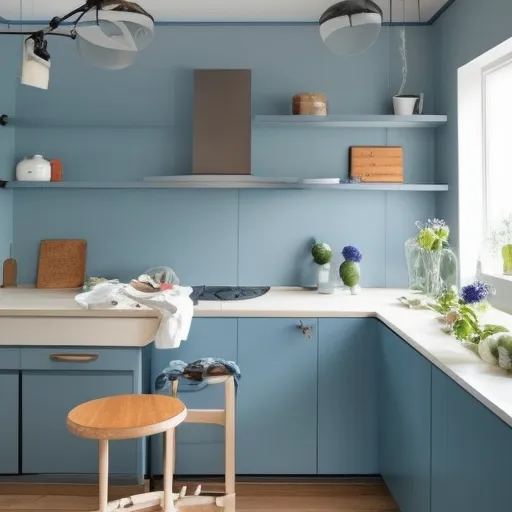 

Une image montrant une cuisine moderne et élégante, avec des armoires et des comptoirs blancs et des accents de couleur bleue, ainsi que des outils de