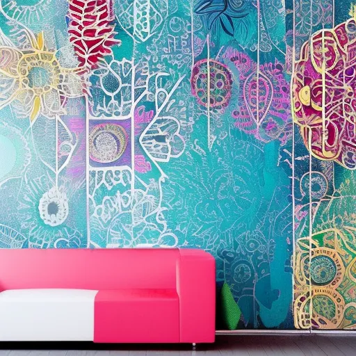 

Une image montrant un mur peint avec des motifs décoratifs colorés et variés, créés à l'aide de peinture. Les motifs sont disposés de mani