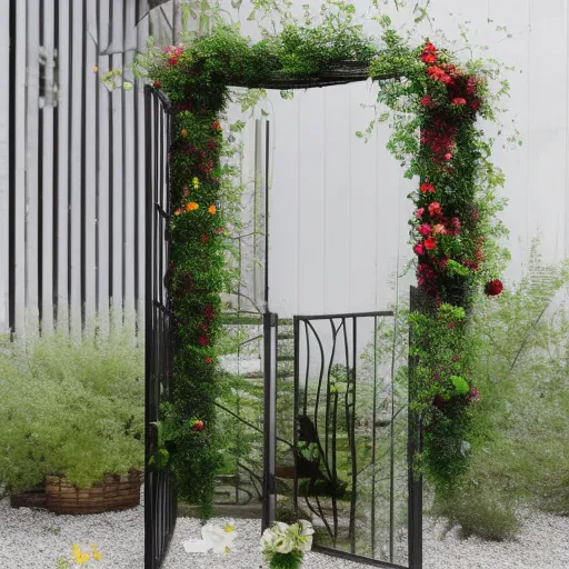 

Une image d'un portail en fer forgé fermé, avec une grille en métal et des fleurs en pot de chaque côté, pour illustrer un article sur la faç
