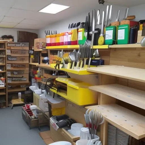 

Une image d'un atelier bien équipé avec une variété d'outils de menuiserie, y compris des scies, des marteaux, des ciseaux et des