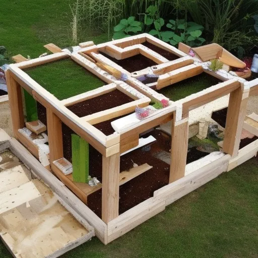 

Une image d'un abri de jardin construit avec des matériaux recyclés, montrant des bûches, des palettes et des matériaux de récupération. La
