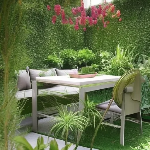 

Une image montrant un jardin bien entretenu avec des meubles de jardin confortables et des plantes luxuriantes, ainsi que des projets de bricol