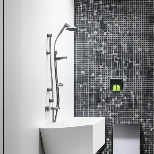 

Une image d'une salle de bain moderne avec une douche à l'italienne, montrant une douche spacieuse et élégante avec des carreaux de mosaïque et