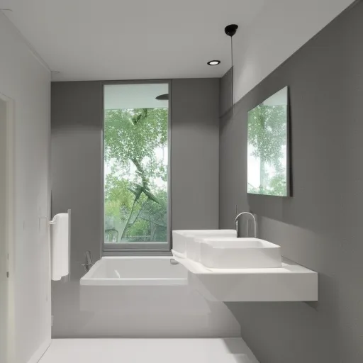 

Une photo d'une salle de bain moderne avec des carreaux blancs et gris, des murs blancs et un sol en carreaux. Les outils et les matéri