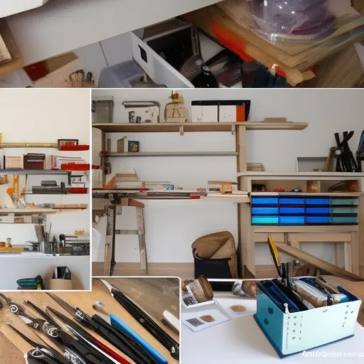 

Une image d'un atelier de bricolage bien organisé, avec des outils et des matériaux bien rangés et organisés sur des étagères et des tablettes, illust