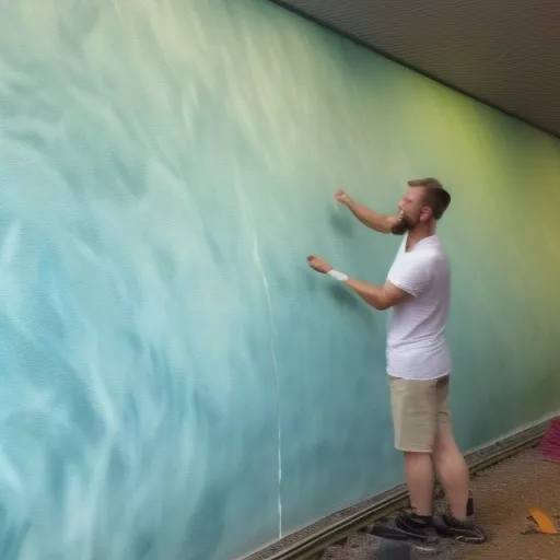 

Une image montrant un peintre en train de peindre un mur en plâtre blanc avec un rouleau. La photo montre le peintre appliquant la peinture sur le mur