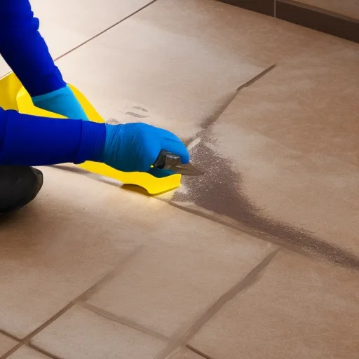 

An image of a person wearing protective gloves and goggles, kneeling on the floor and using a trowel to spread adhesive onto a tile.