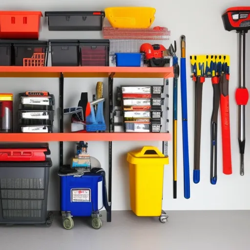 

An image of a neatly organized garage with labeled shelves and bins filled with various tools and supplies for home improvement projects.