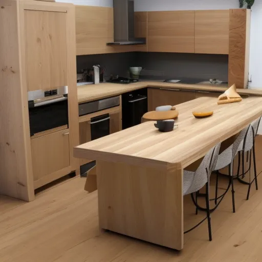 

Une image d'une cuisine moderne avec un ilot central, montrant des plans de travail en bois et des armoires en acier inoxydable. Le plan de travail est dot