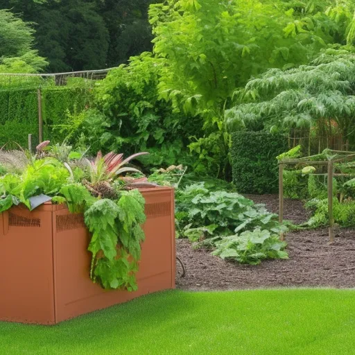 

An image of a lush garden with a compost bin in the corner, overflowing with nutrient-rich soil and vibrant plants. The caption reads "Composting is an easy and effective way to create nutrient-rich soil for your garden".
