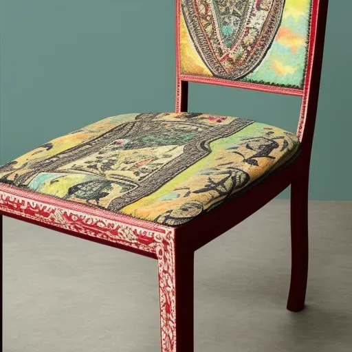

Une photo d'une chaise ancienne entièrement recouverte de papier peint coloré, avec des motifs géométriques et des couleurs vives qui la rendent