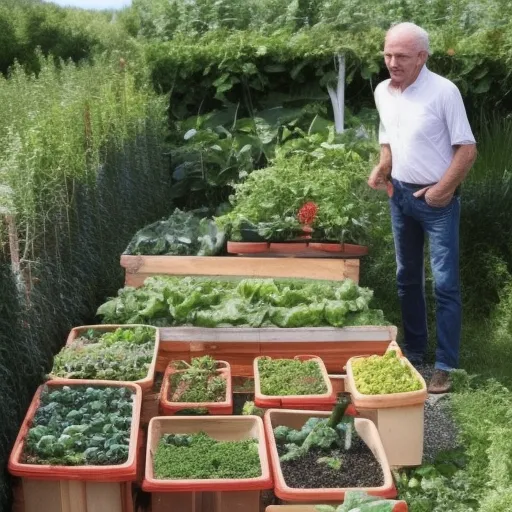 

Une image d'un jardinier heureux tenant un seau rempli de légumes fraîchement récoltés dans un carré potager fait maison. Le carré