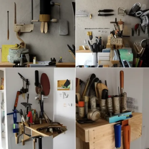 

Une image d'un atelier bien équipé avec des outils divers et variés, y compris une scie, une perceuse, une clé à molette et une pince, mont