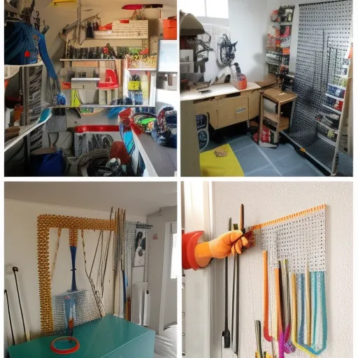 

Une photo d'un garage ou d'un atelier bien organisé avec des outils et des matériaux de bricolage suspendus à des crochets et des supports muraux pour un