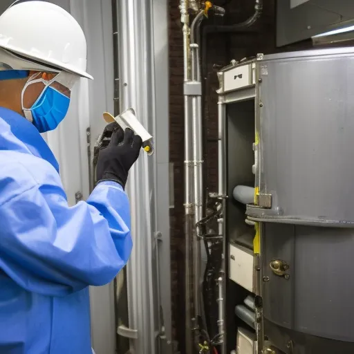 

An image of a technician in a boiler room, wearing protective gear and holding a wrench, looking at a thermostat on the wall. The technician is inspecting the thermostat, which is one of the many types of thermostats